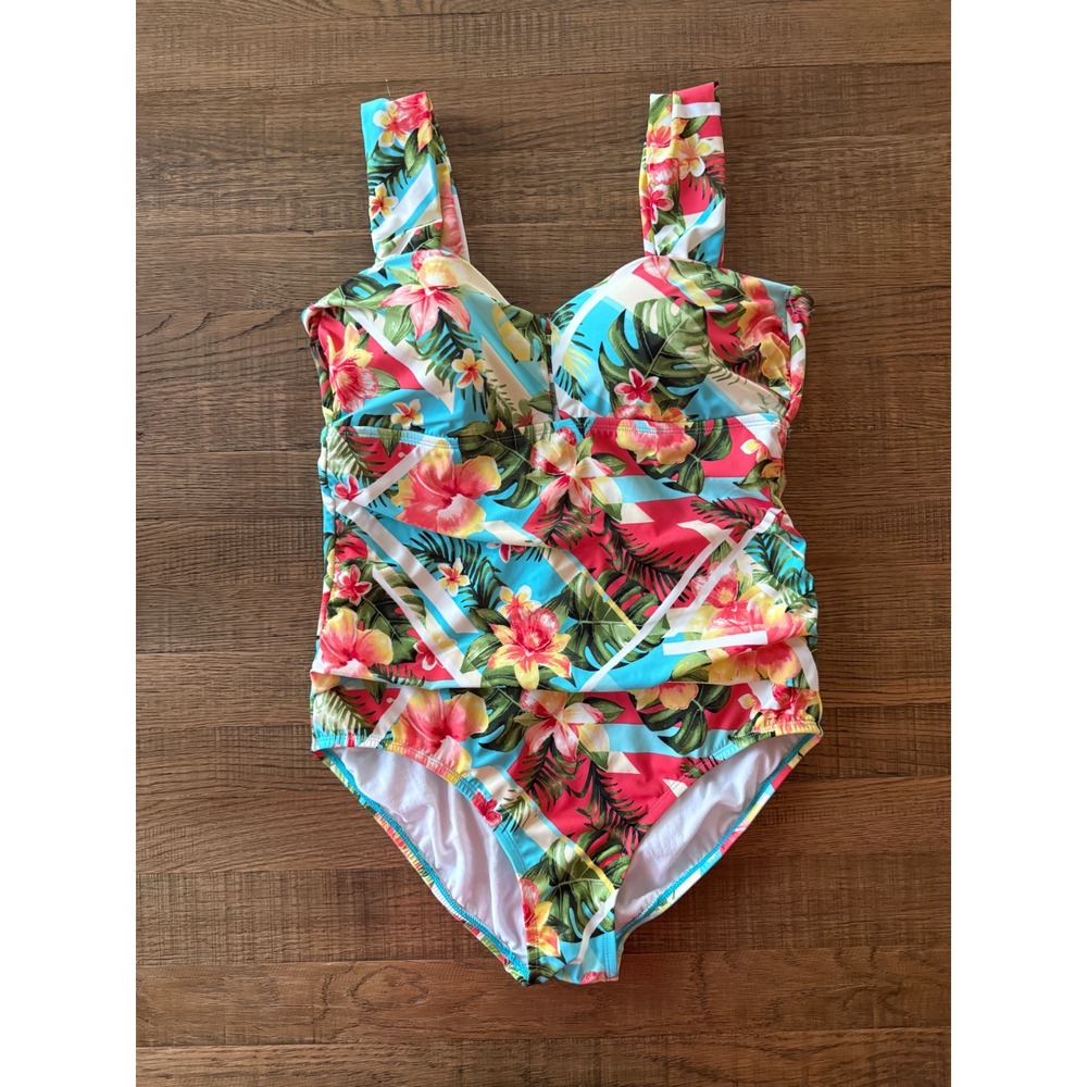 Jantzen Womens Tropical Floral One Piece Swimsuit Blue Pink Size 12 JZSS9761